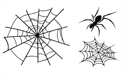 Black silhouette spider and cobwebs on white background