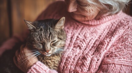 Heartwarming elderly woman with gray hair sharing tender moment with pet cat showcasing companionship warmth and comfort in a cozy indoor setting
