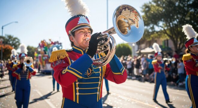 A marching band member playing a trumpet in a parade.