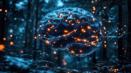 Illuminated brain in a dark forest