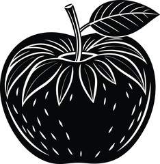 Stylized black and white woodcut illustration of a ripe apple with a leaf and stem