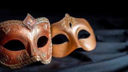 Naklejka premium Elegant gold masquerade masks with ornate details and dramatic lighting on dark fabric backdrop, perfect for theatrical, masquerade, or festive themes with ample copy space on right