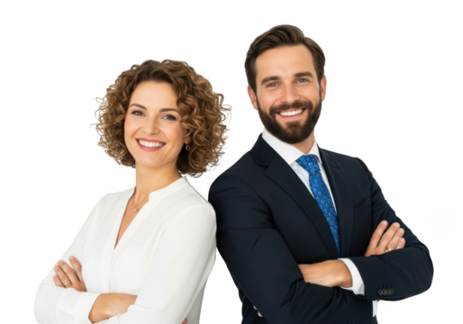 Smiling business professionals with arms crossed isolated on transparent background