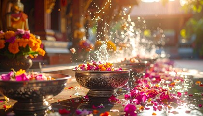 Fototapeta premium Boun Pi Mai Laos Photorealistic Silver Bowls Filled with Flower Water