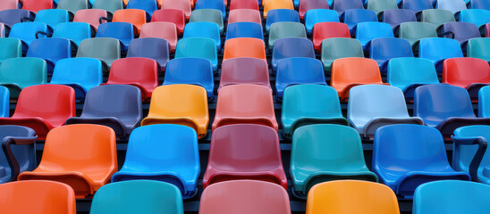 Obraz premium Colorful plastic stadium seat rows create vibrant pattern with bright colors