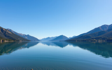 Naklejka premium Tranquil lake reflecting mountain range under clear blue sky calm mood