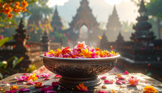 Boun Pi Mai Laos Photorealistic Silver Bowls Filled with Flower Water
