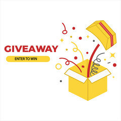 Yellow gift box exploding with confetti and streamers announcing a giveaway