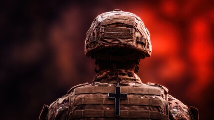 Professional military soldier in camouflage uniform with tactical gear helmet and weapons on battlefield for defense combat and security operations