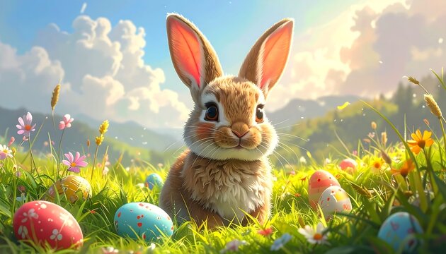 A cute bunny sits amidst colorful Easter eggs in a vibrant spring meadow (1) - Powered by Adobe