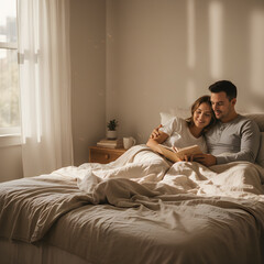 Happy Couple Relaxing Together On Bed In Cozy Bedroom
