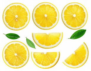 Fototapeta premium Bright Yellow Lemon Slices and Leaves on White Background