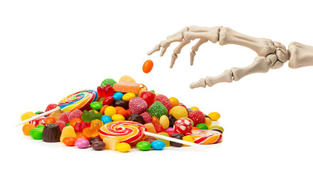 Skeleton hand reaching for pile of colorful Halloween candy isolated on white background trick or treat concept