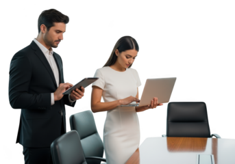 Two business professionals reviewing data on a laptop and tablet isolated on transparent background