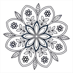 Intricate black and white mandala design with floral elements