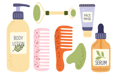 Self care aesthetic set with body lotion bottle, jade roller, gua sha stone, face mask tube, serum dropper, and colorful combs — trendy beauty illustration for skincare routine, morning routine.