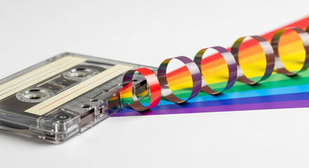 Audio cassette with rainbow ribbon unspooled isolated on white background a nostalgic symbol of music and vibrant expression in a single image