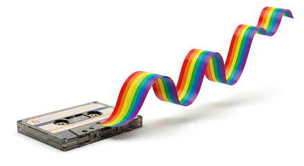 Audio cassette with rainbow ribbon unspooled isolated on white background a vibrant symbol of music and colorful expression in a single image