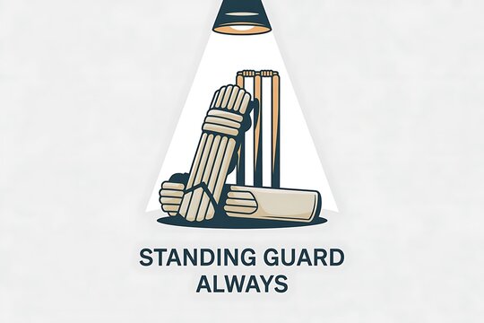 Cricket batting pads standing under a spotlight with the words standing guard always