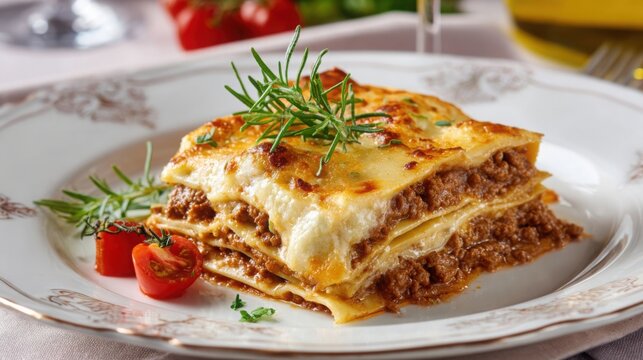 italian lasagna close up, layered pasta, meat sauce, bГгВ chamel, melted cheese, elegant plate, fine dining style