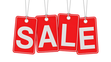 Red sale tags hanging, promoting retail discounts and enticing shoppers today