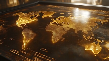 Golden glowing world map on a dark, futuristic display