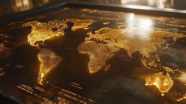 Golden glowing world map on a dark, futuristic display - Powered by Adobe