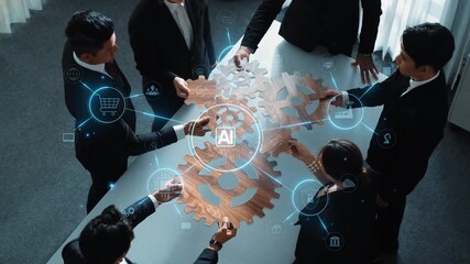 A group of business professionals engages in collaborative work, utilizing AI technology represented by digital icons around wooden gears on a conference table. Raster - Powered by Adobe
