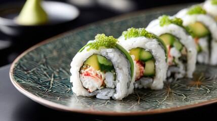japanese california roll close up, crab, avocado, cucumber, sushi rice, seaweed, elegant plate, fine dining presentation