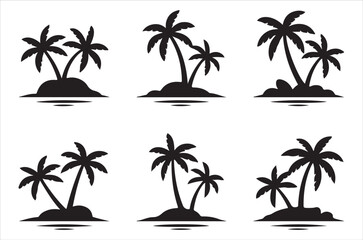 coconat tree silhouette vector set, tropical tree icon design, beach palm clipart, summer tree illustration, coconut tree collection, black palm drawing bundle on white background.