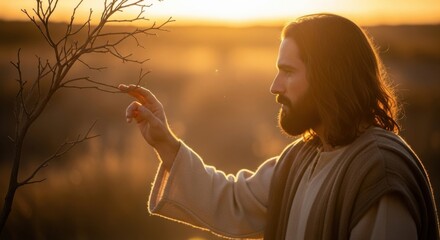 Jesus Christ touches a dry branch at sunset. Biblical parable of the barren fig tree in golden light. Gospel scene.