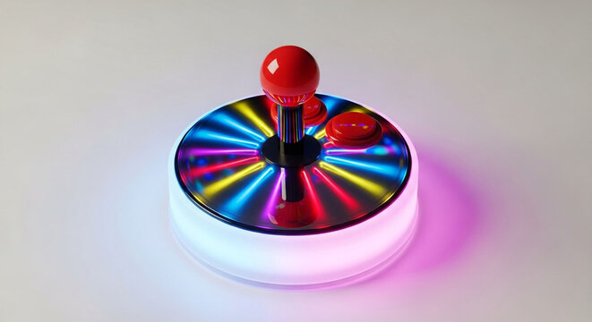 Illuminated arcade joystick isolated on white background, featuring a vibrant red color scheme and a glowing spherical handle, ideal for gaming enthusiasts
