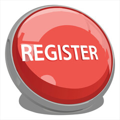 Glossy red register button with white text isolated on white background