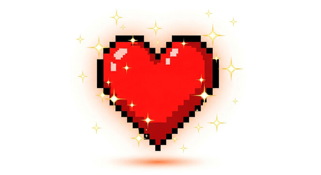 Pixelated red heart with black outline and sparkling stars isolated on white background, symbolizing love, health, and life in a retro gaming style