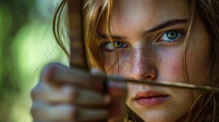 Close-up of a girl aiming with a bow and arrow