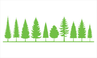 Collection of various green coniferous trees in a row