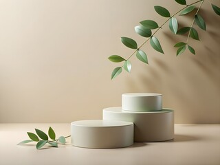 Minimalist Product Display Podium with Green Leaves on a Neutral Background