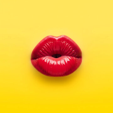 Glossy red lips pucker on a vibrant yellow background creating a bold and sensual statement