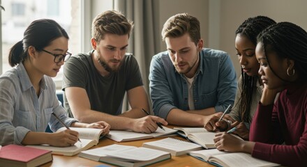 Group study session on academic subjects modern classroom educational content collaborative environment overhead learning concept