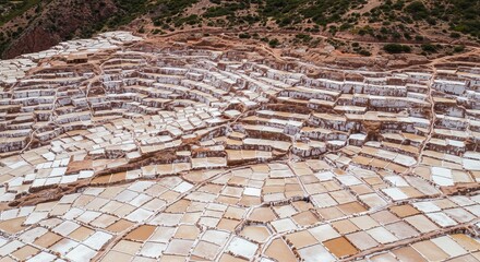 Fototapeta premium Ancient salt pans create stunning geometric patterns in Peru's Sacred Valley landscape