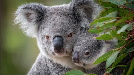 koala mother and joey close up, gentle moment, soft light, eucalyptus branches, realistic wildlife photography