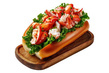 Lobster roll sandwich with lobster meat, lettuce and herbs in buttered bun on wooden plate, isolated on white transparent background. Concept of gourmet seafood cuisine meal