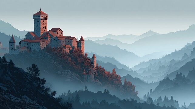 Misty mountains cradle a medieval castle perched atop a forested peak