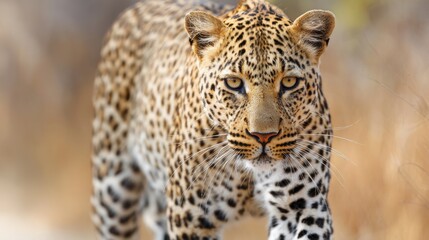 Fototapeta premium leopard walking close up, powerful body, savannah background, natural daylight, realistic wildlife style