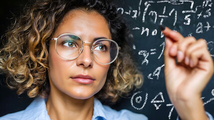 Woman with glasses writing mathematical equations on a chalkboard
