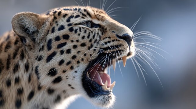 leopard yawning close up, sharp teeth, detailed fur texture, natural daylight, photorealistic wildlife style - Powered by Adobe