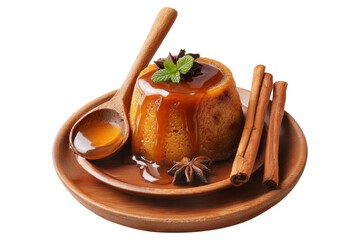 Caramel pudding topped with star anise, served with cinnamon sticks on wooden plate, isolated on white transparent background, concept of Indian dessert