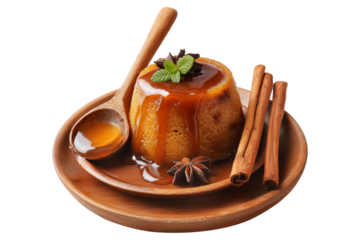 Caramel pudding topped with star anise, served with cinnamon sticks on wooden plate, isolated on white transparent background, concept of Indian dessert