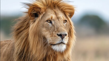 majestic lion close up, golden mane flowing, intense gaze, savannah background, realistic wildlife photography