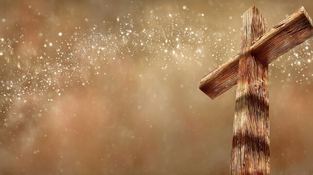 Glowing wooden cross illuminated softly against a dreamy starry background with warm gradient hues and empty space on the right